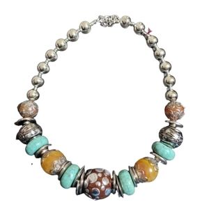 Beaded necklace large beads blue aqua  silver tone beads charms